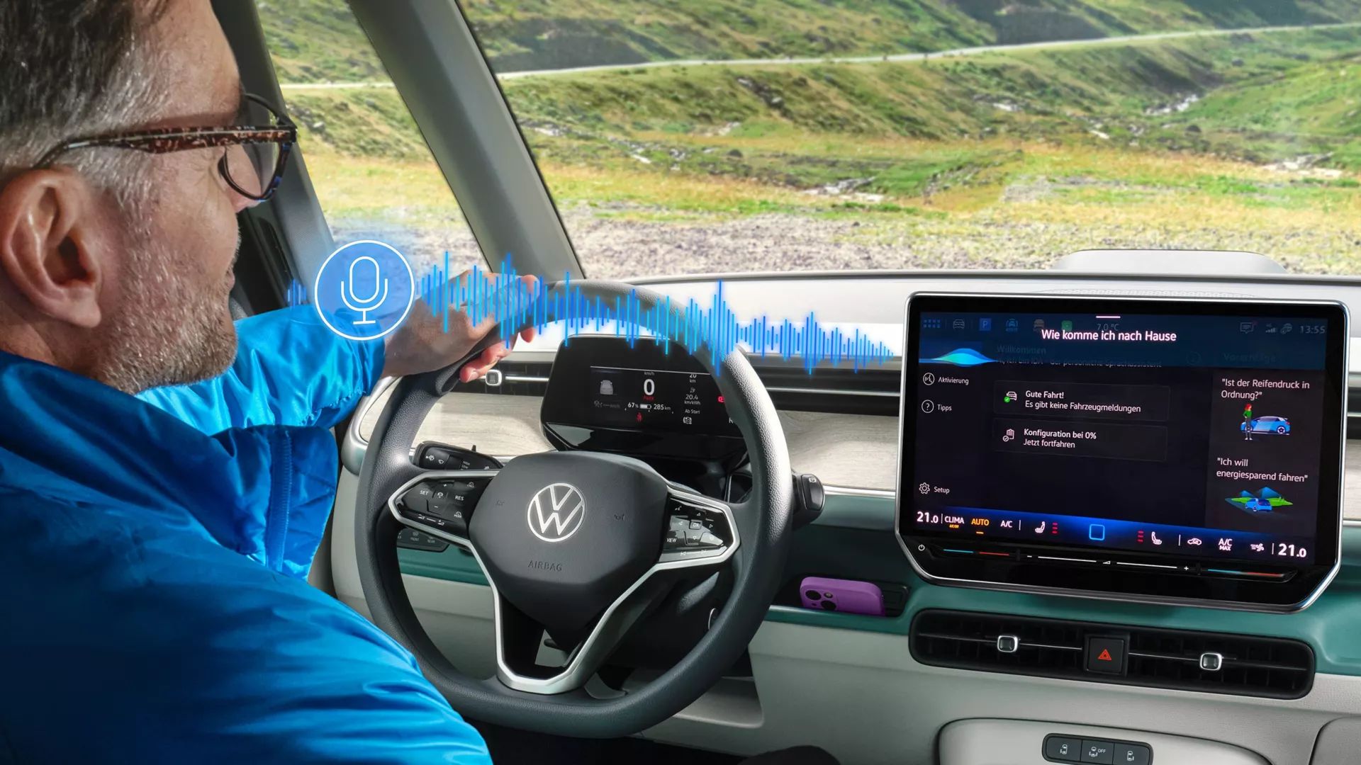 Interiér vozu Volkswagen ID. Buzz, hlasová asistentka IDA